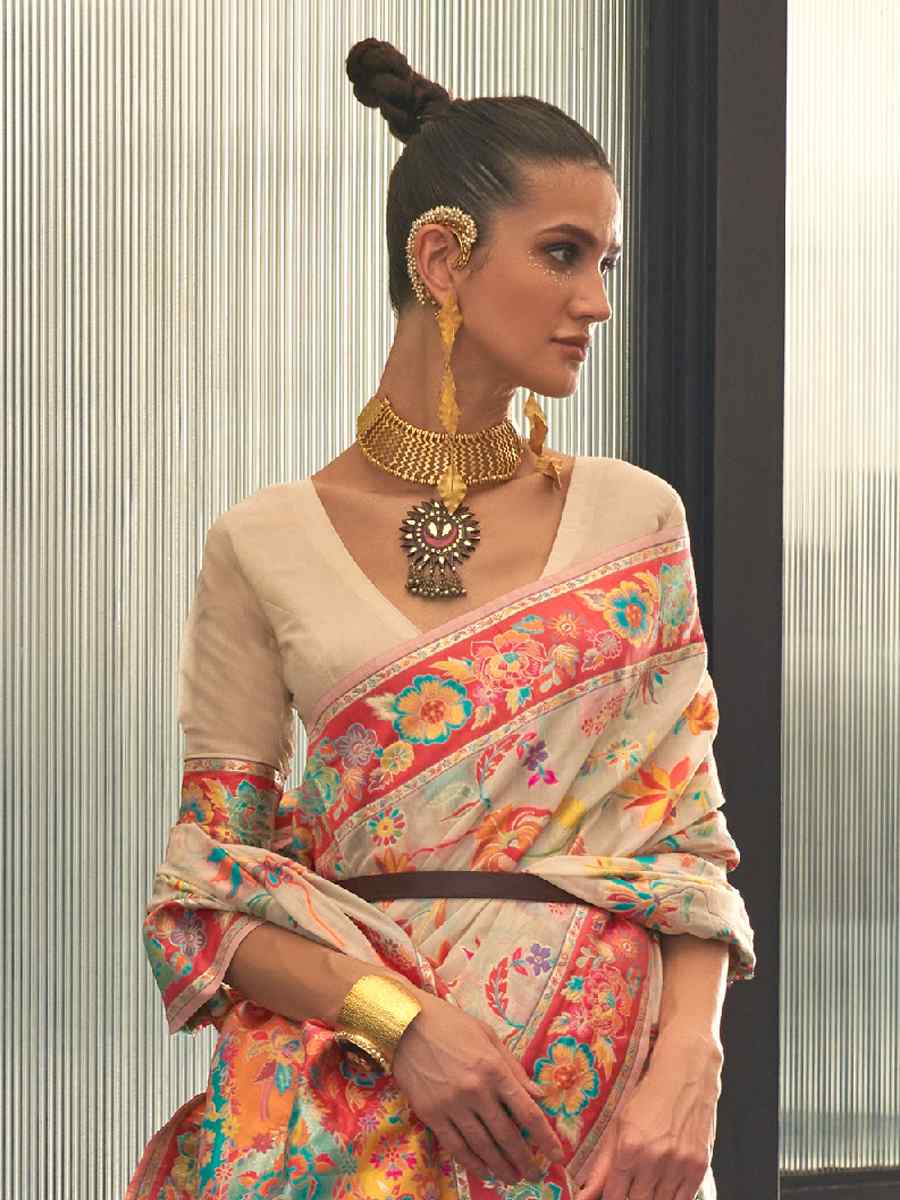 Beige Silk Printed Party Festival Contemporary Saree