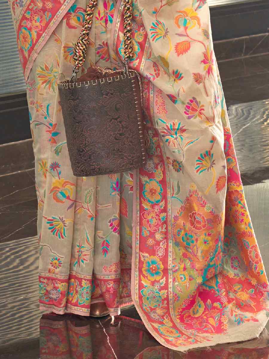 Beige Silk Printed Party Festival Contemporary Saree