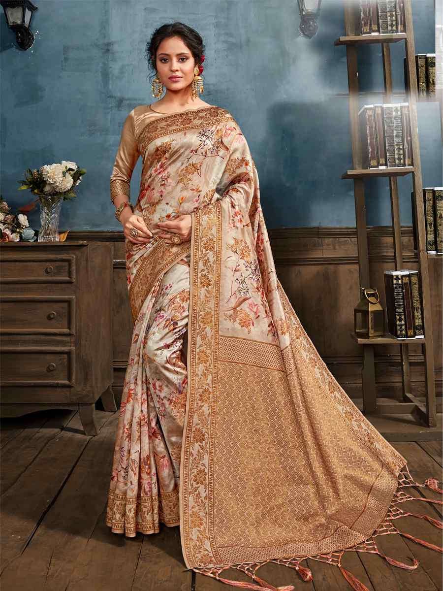 Beige Silk Printed Party Reception Classic Style Saree