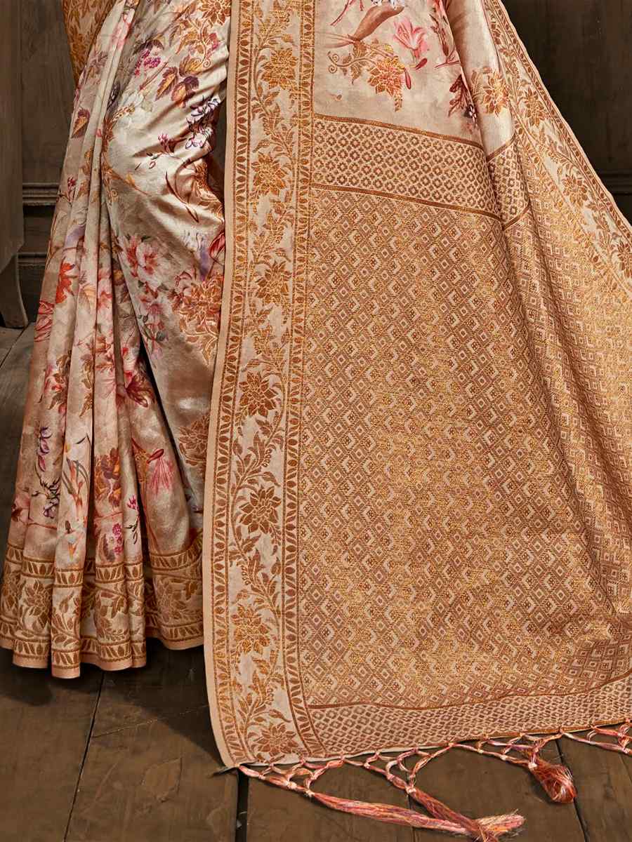 Beige Silk Printed Party Reception Classic Style Saree