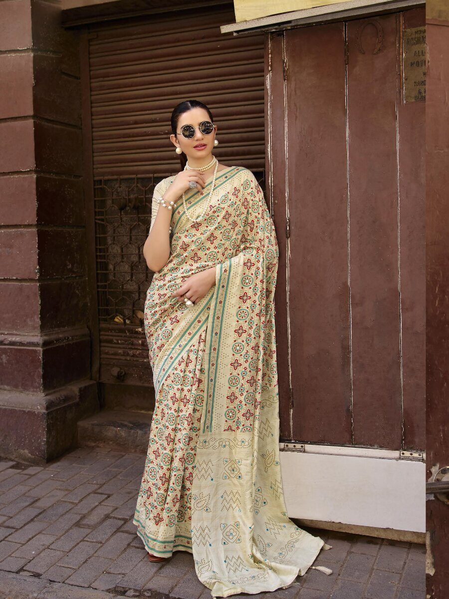 Beige Silk Printed Wedding Reception Party Festival Casual Heavy Border Sarees