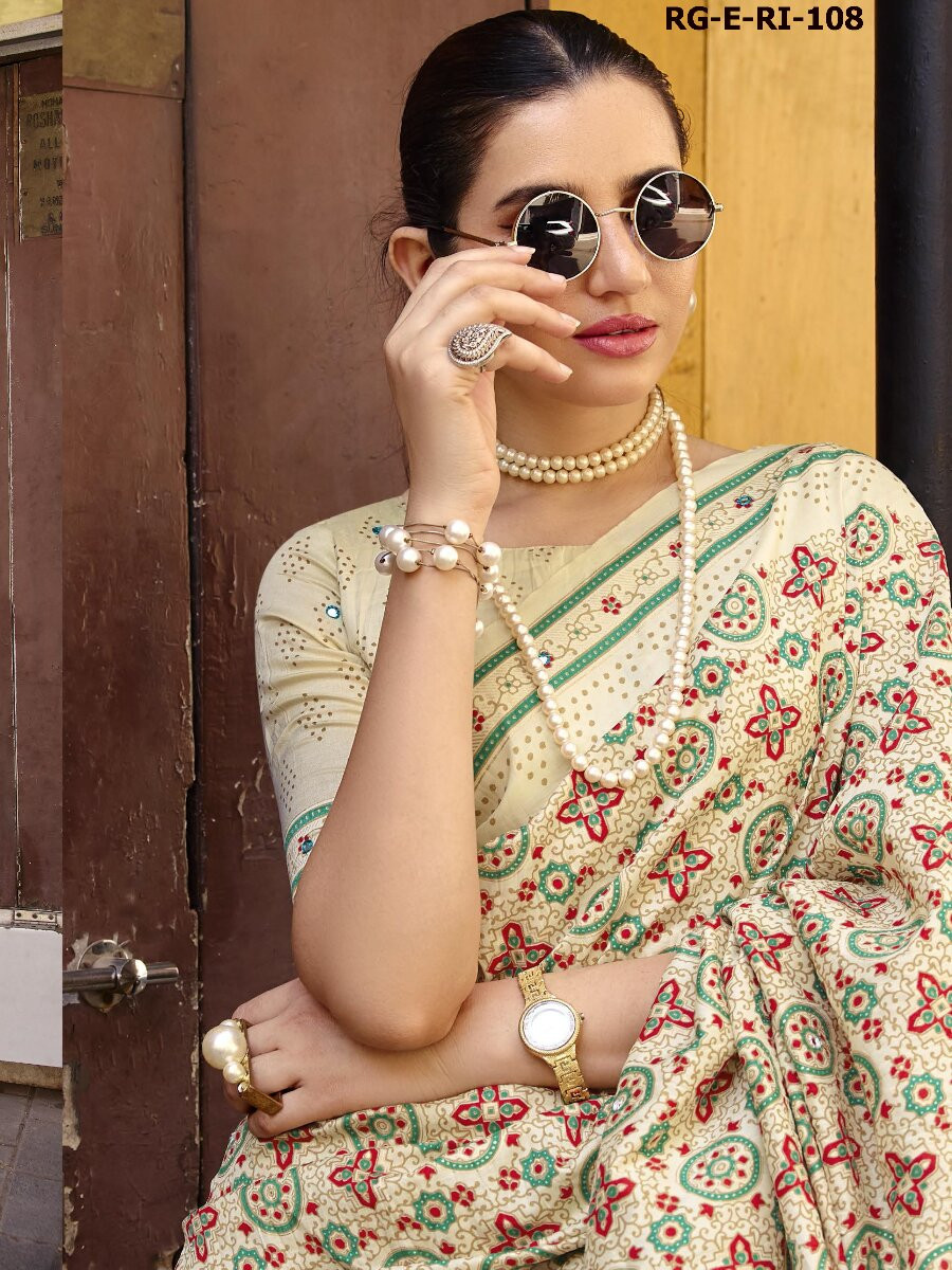 Beige Silk Printed Wedding Reception Party Festival Casual Heavy Border Sarees