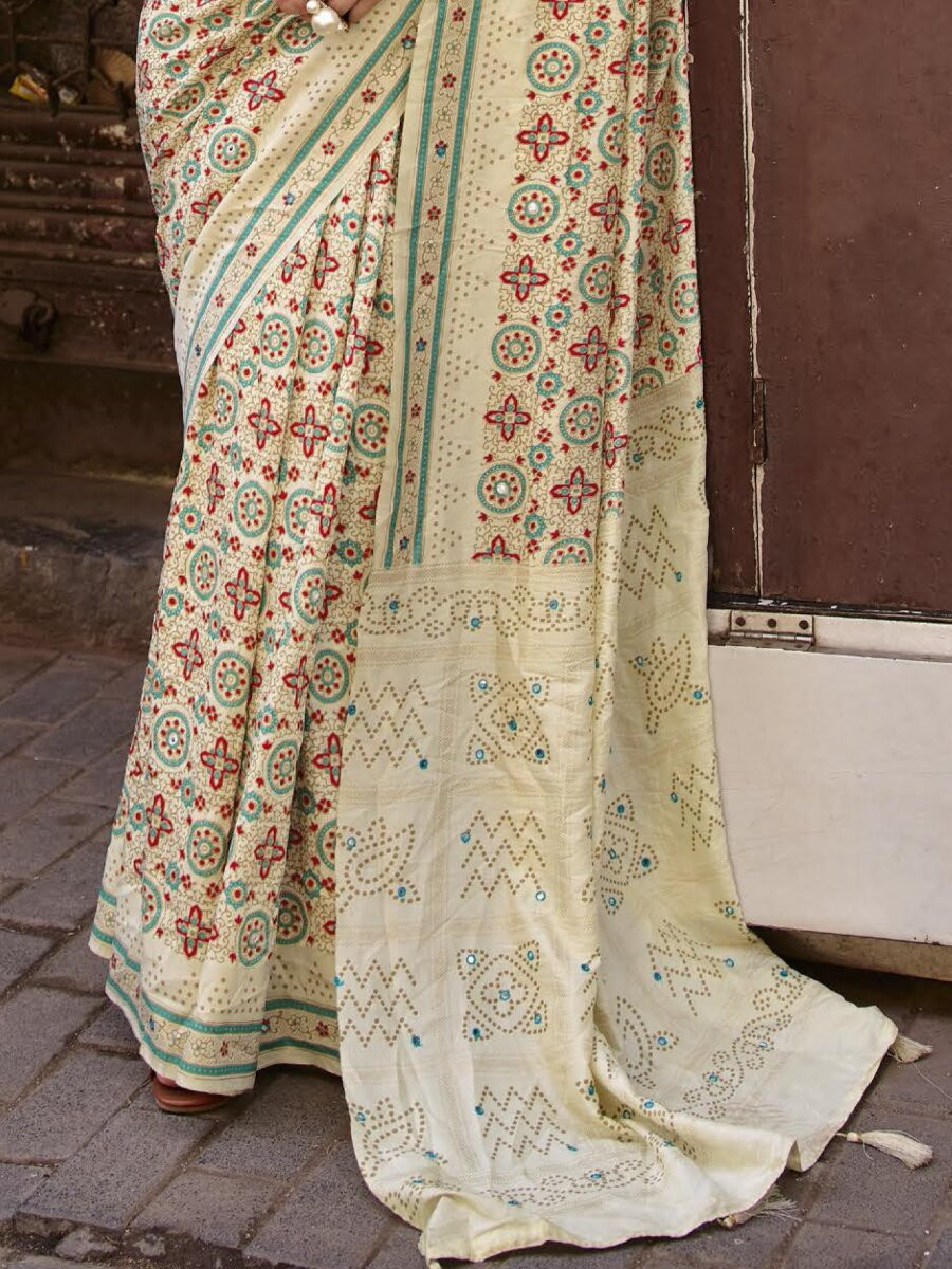 Beige Silk Printed Wedding Reception Party Festival Casual Heavy Border Sarees