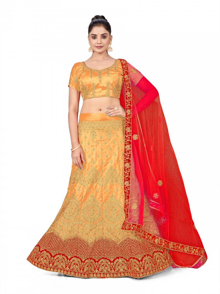 Beige Silk Satin Velvet Net Embroidered Festival Wedding Heavy Border Lehenga Choli