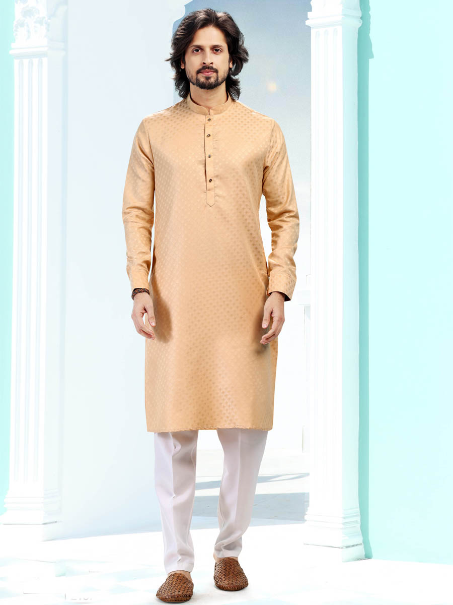 Beige Silk Woven Festival Casual Kurta