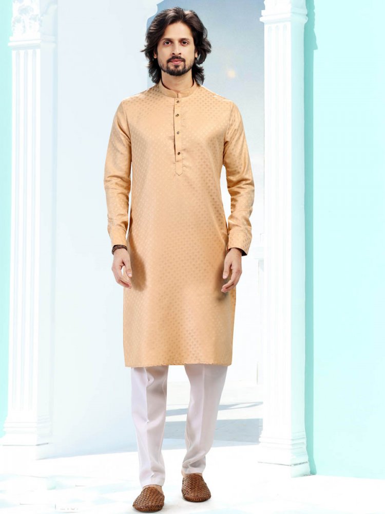 Beige Silk Woven Festival Casual Kurta