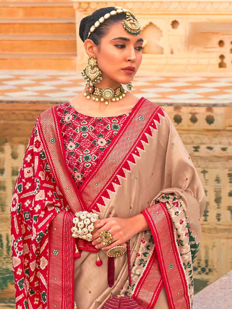 Beige Smooth Patola Printed Casual Festival Contemporary Saree