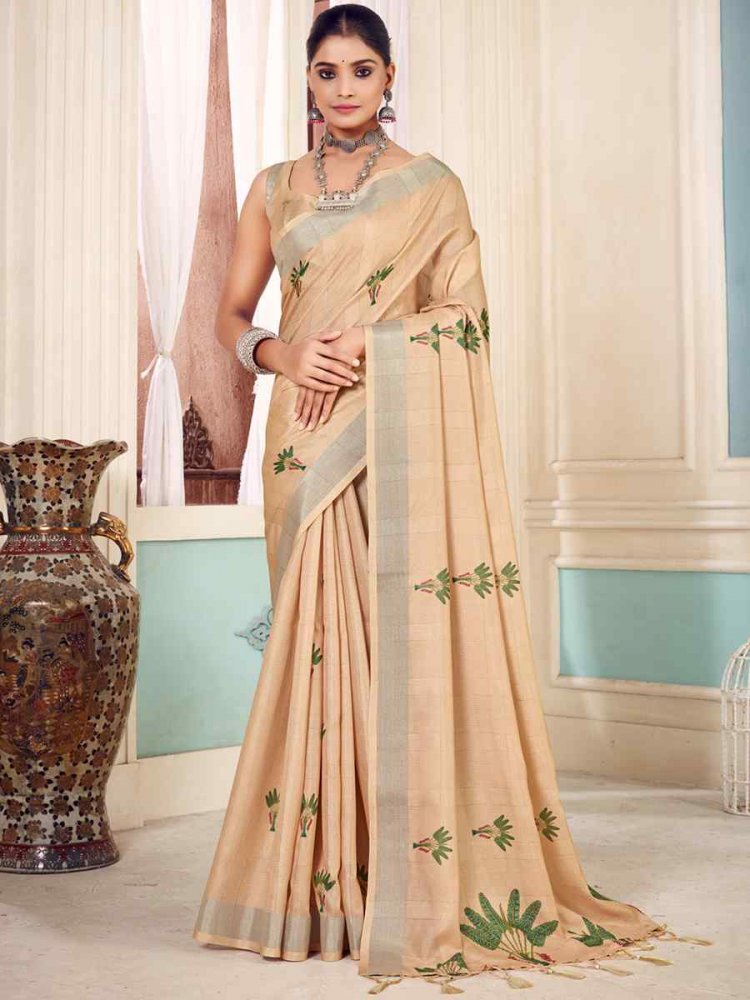 Beige Soft Cotton Handwoven Casual Festival Classic Style Saree