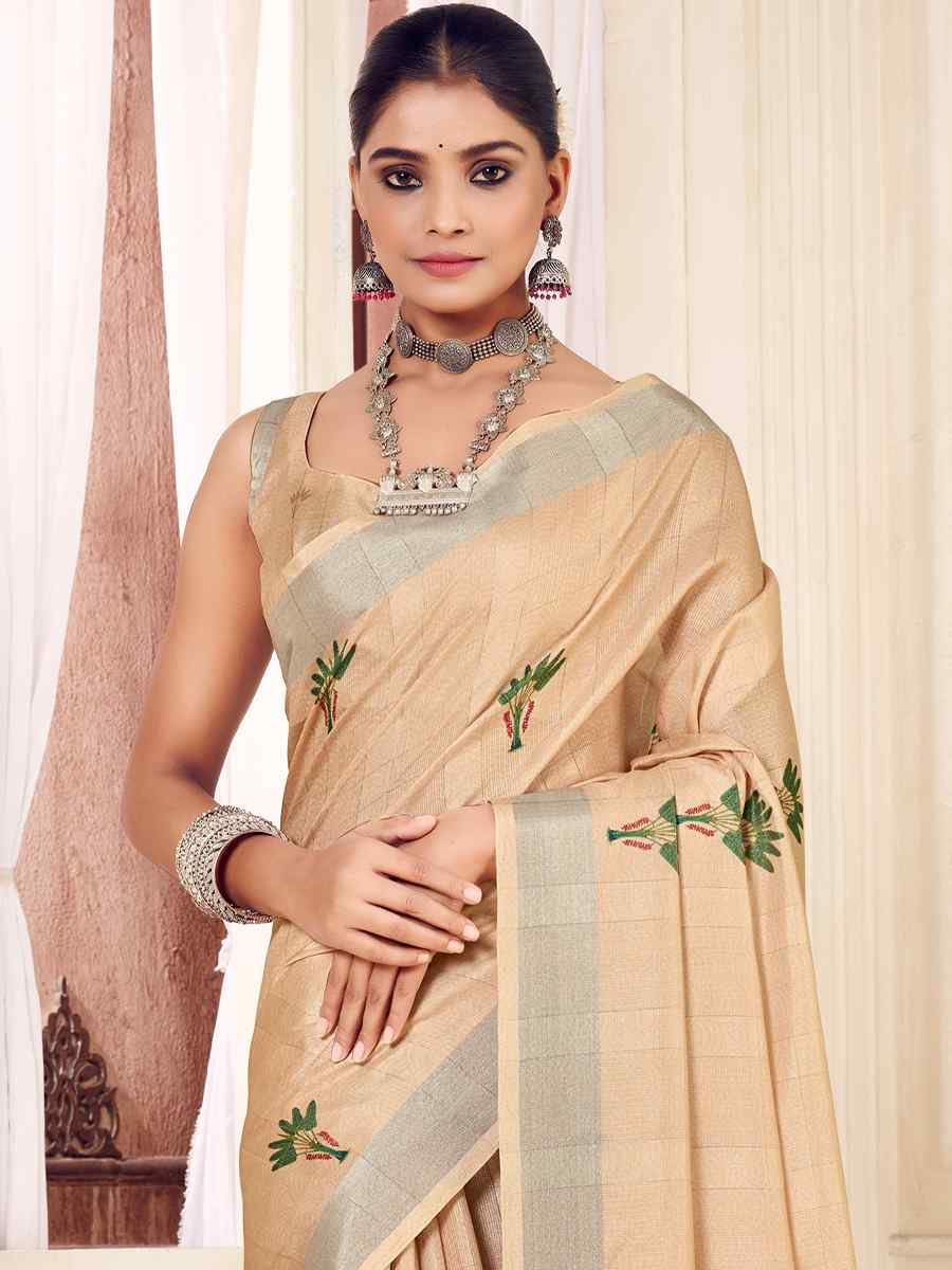 Beige Soft Cotton Handwoven Casual Festival Classic Style Saree