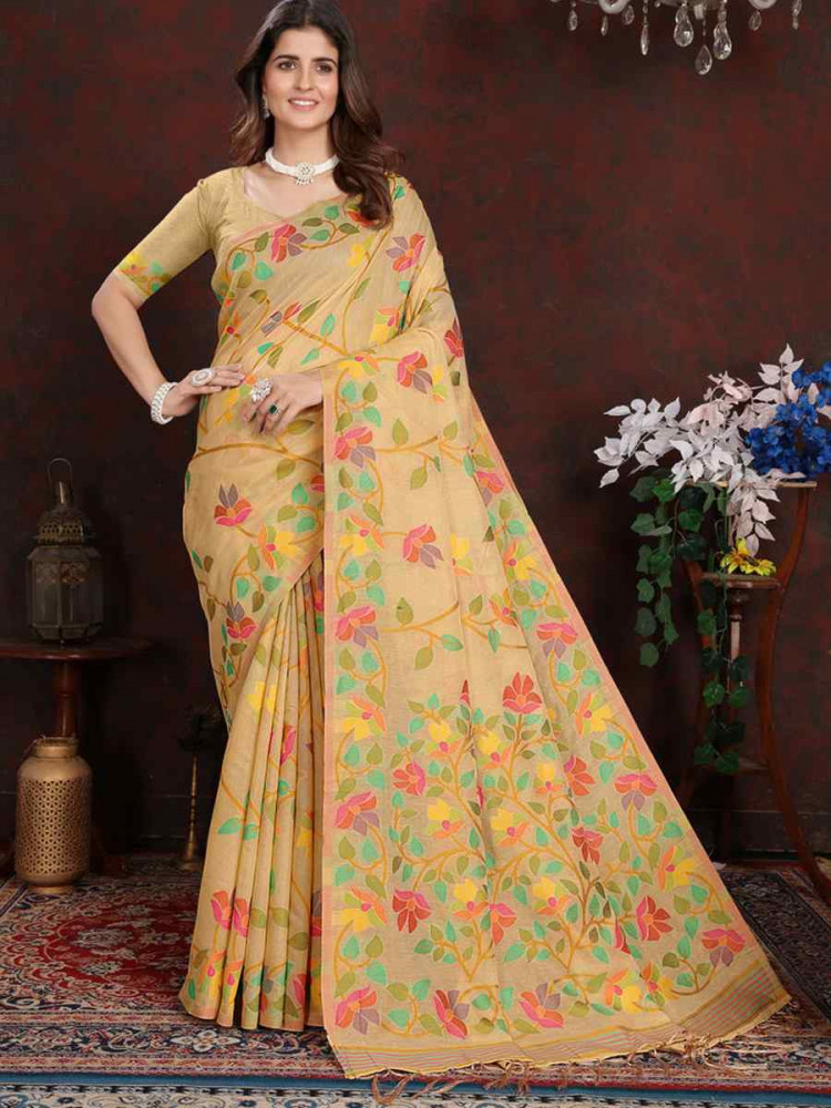 Beige Soft Cotton Printed Festival Wedding Fancy Casual Contemporary Saree