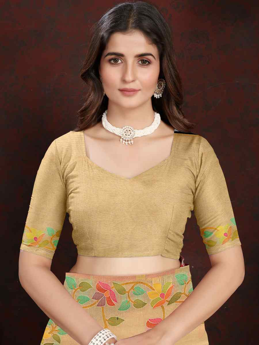 Beige Soft Cotton Printed Festival Wedding Fancy Casual Contemporary Saree