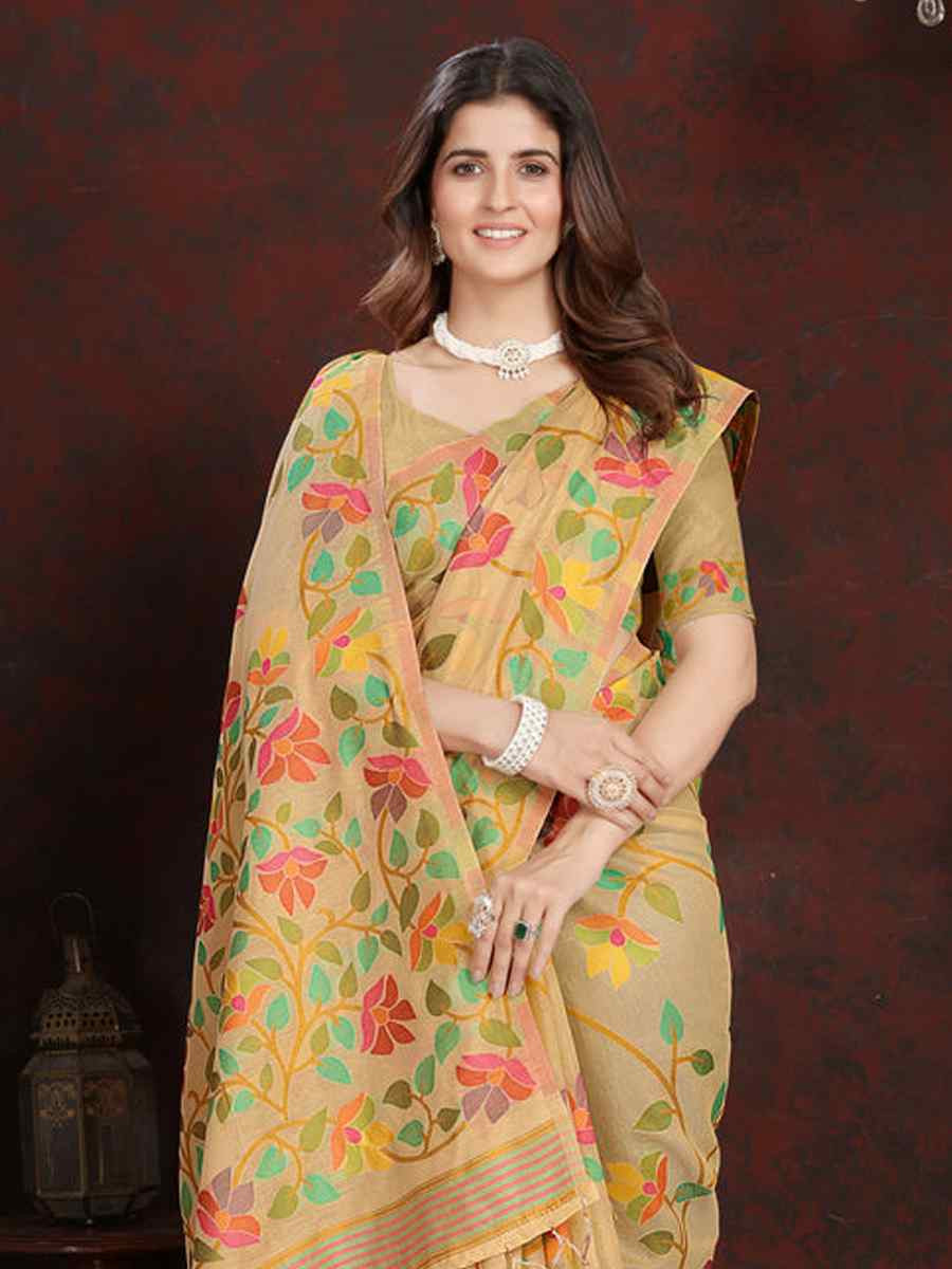 Beige Soft Cotton Printed Festival Wedding Fancy Casual Contemporary Saree