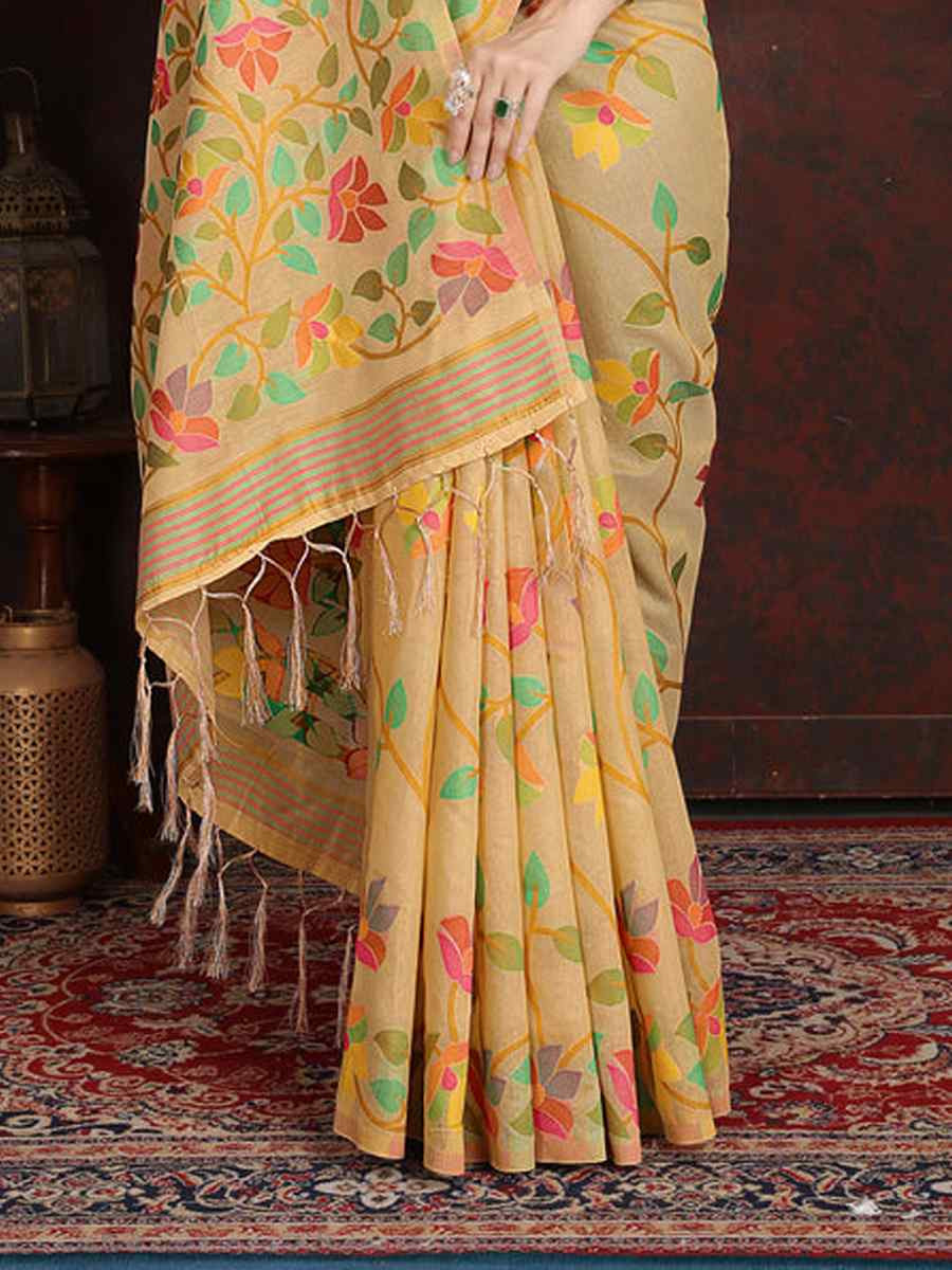 Beige Soft Cotton Printed Festival Wedding Fancy Casual Contemporary Saree