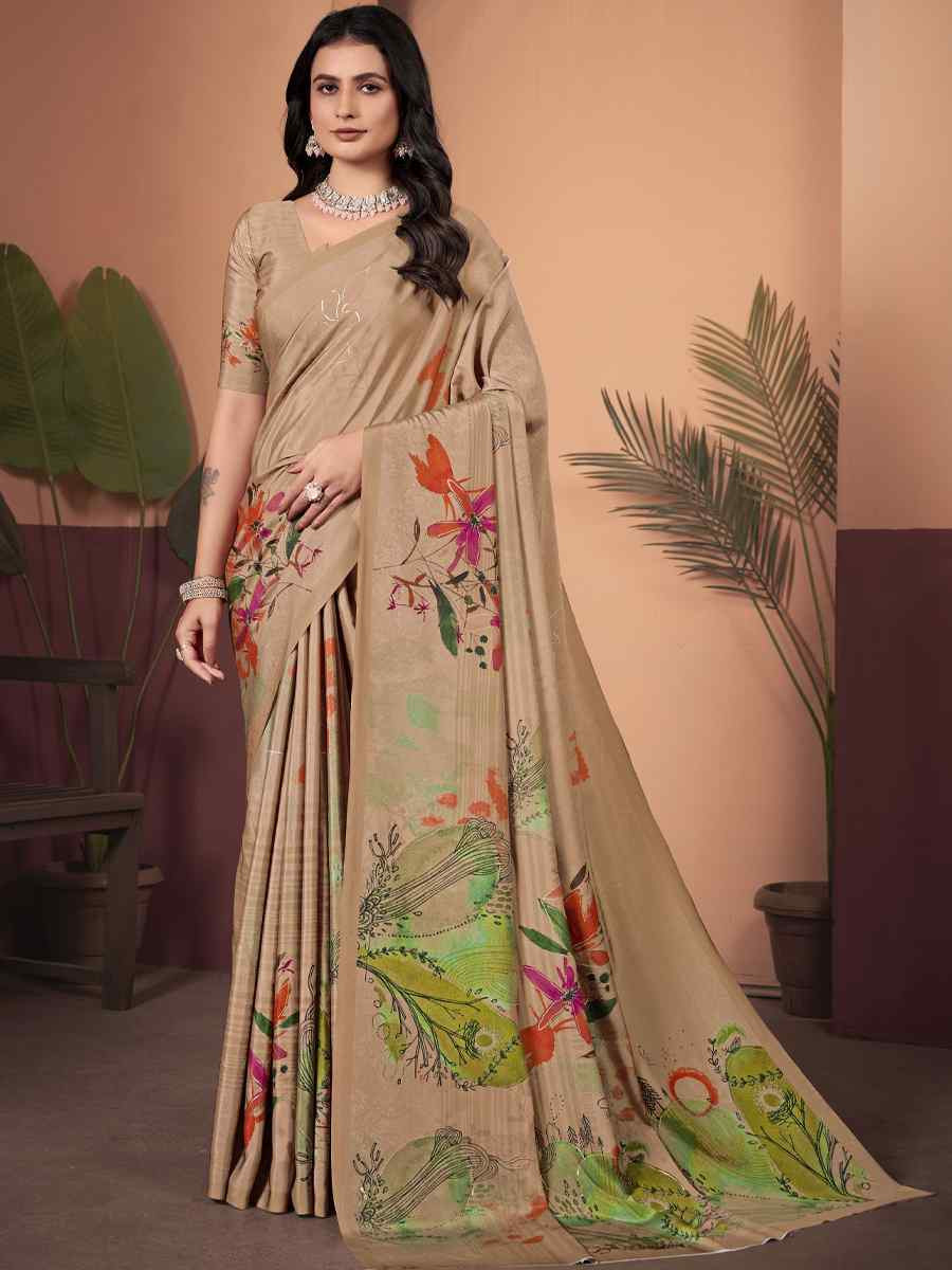 Beige Soft Crepe Silk Printed Festival Wedding Heavy Border Saree