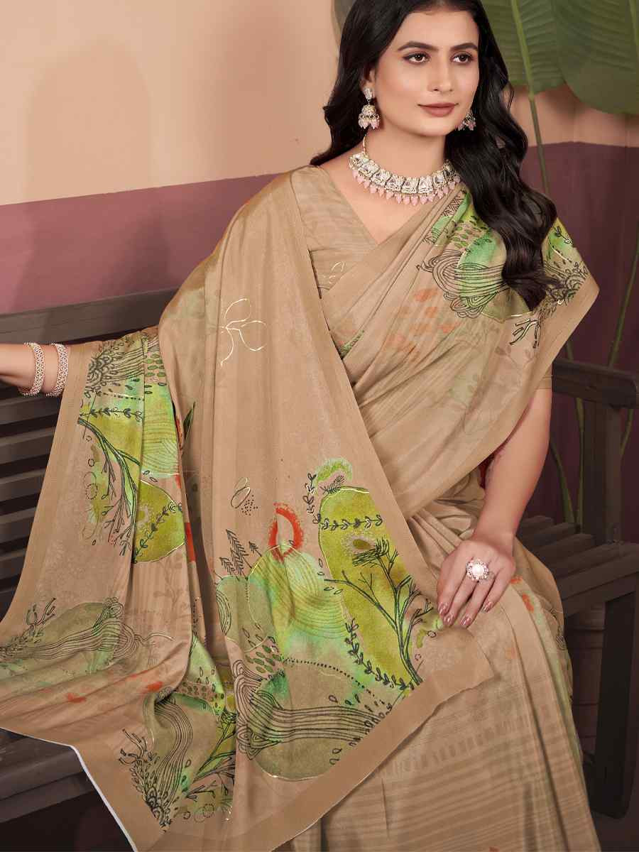 Beige Soft Crepe Silk Printed Festival Wedding Heavy Border Saree