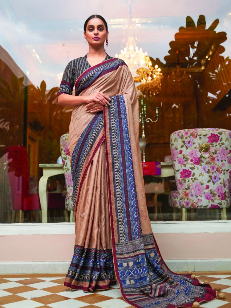 Beige Soft Khadi Silk Printed Casual Festival Contemporary Saree