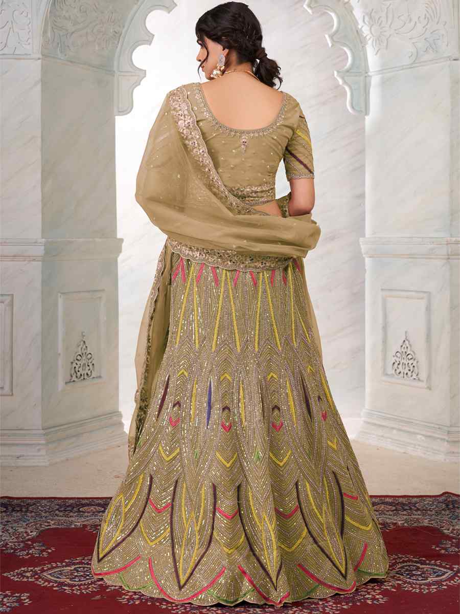 Beige Soft Net Embroidered Festival Wedding Circular Lehenga Choli