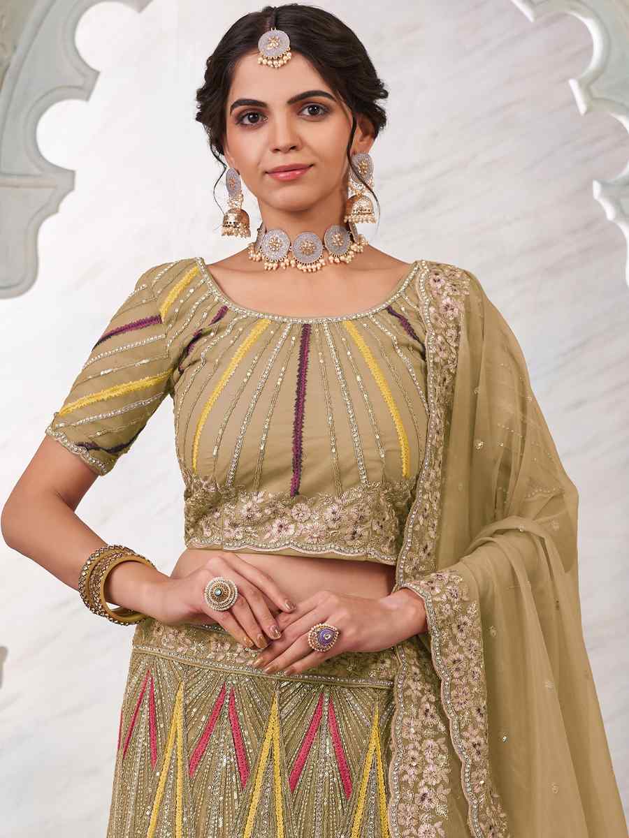 Beige Soft Net Embroidered Festival Wedding Circular Lehenga Choli