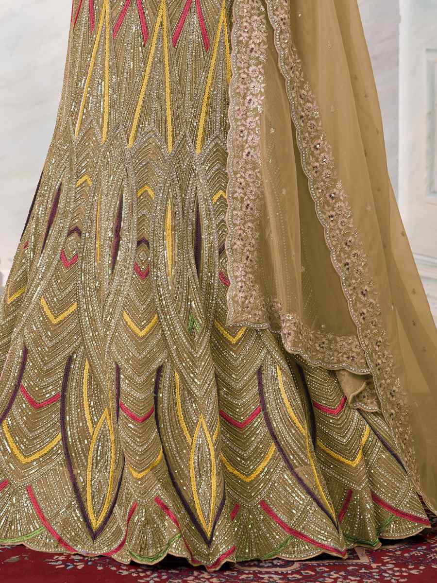 Beige Soft Net Embroidered Festival Wedding Circular Lehenga Choli