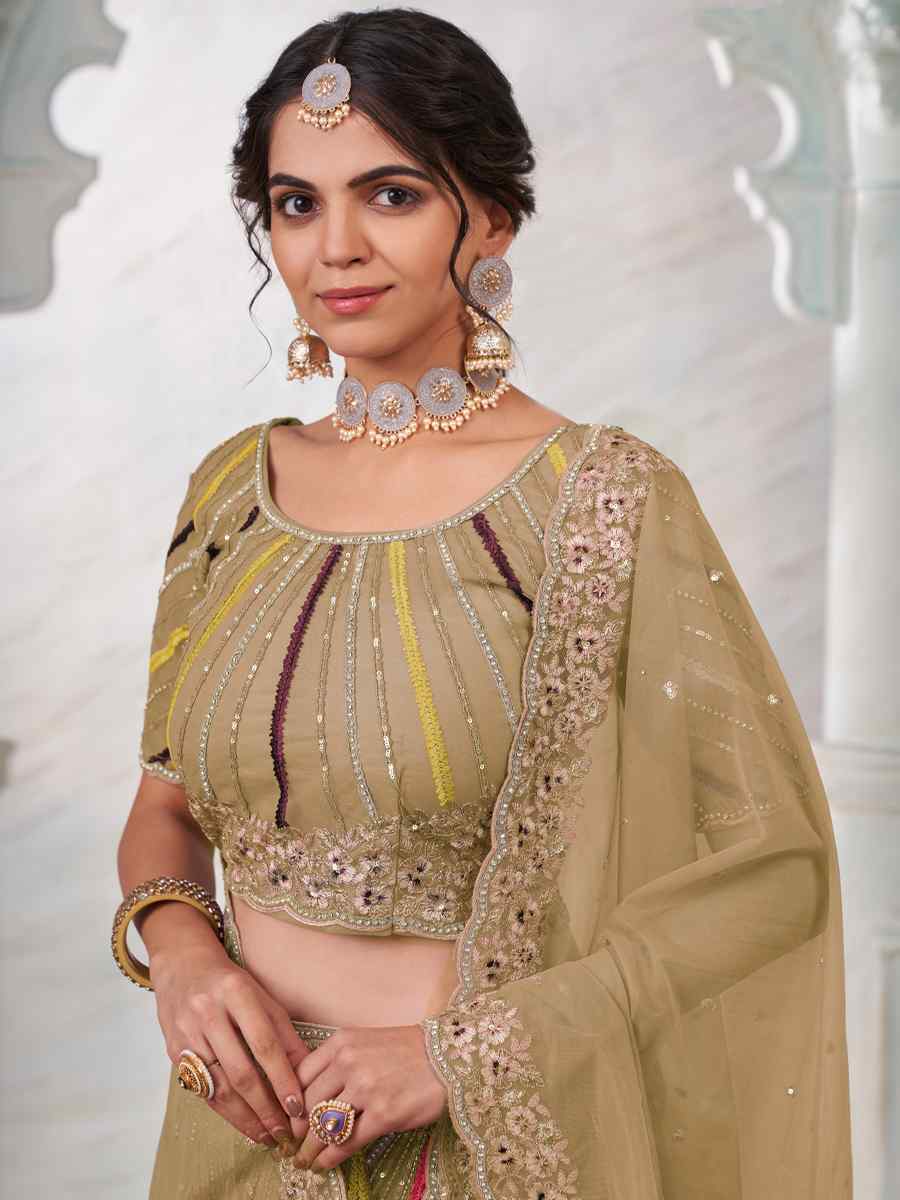 Beige Soft Net Embroidered Festival Wedding Circular Lehenga Choli