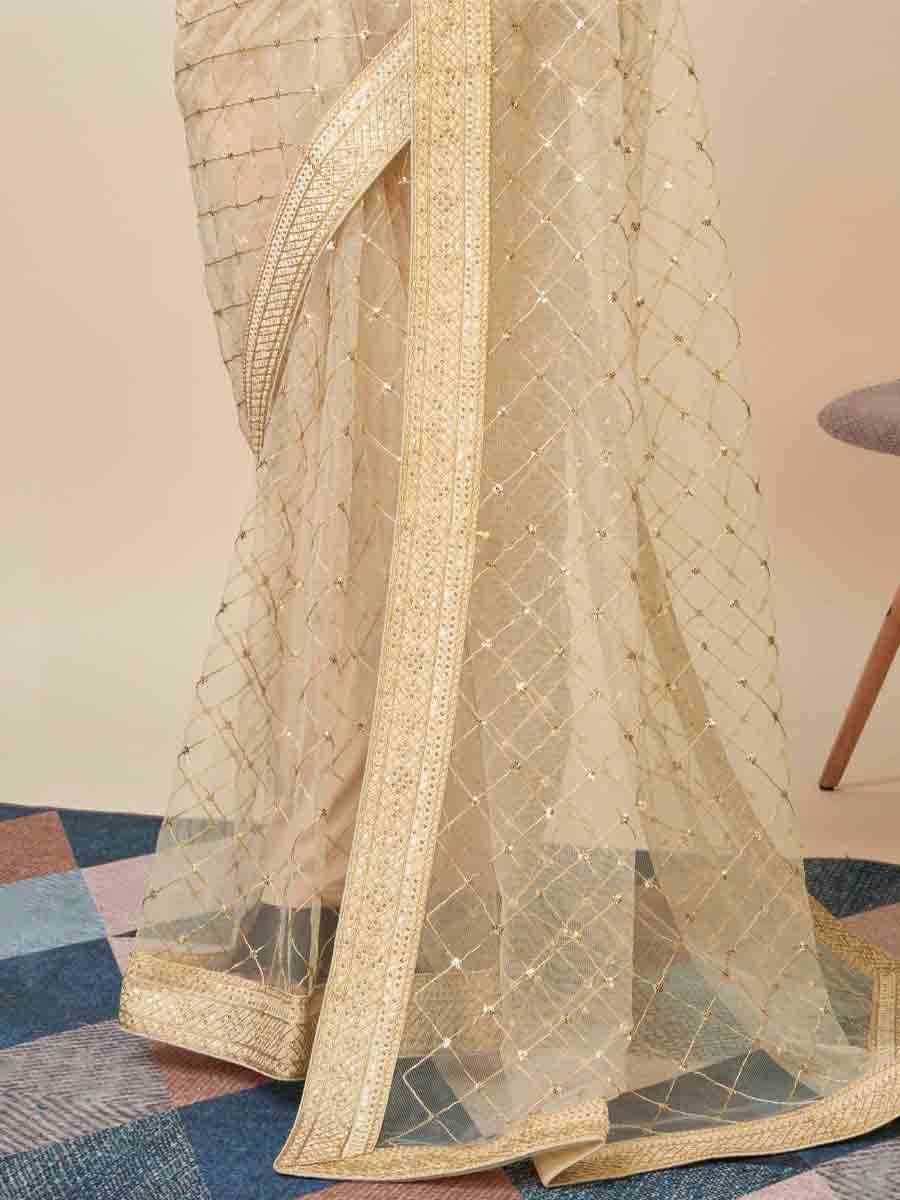 Beige Soft Net Embroidered Party Festival Classic Style Saree