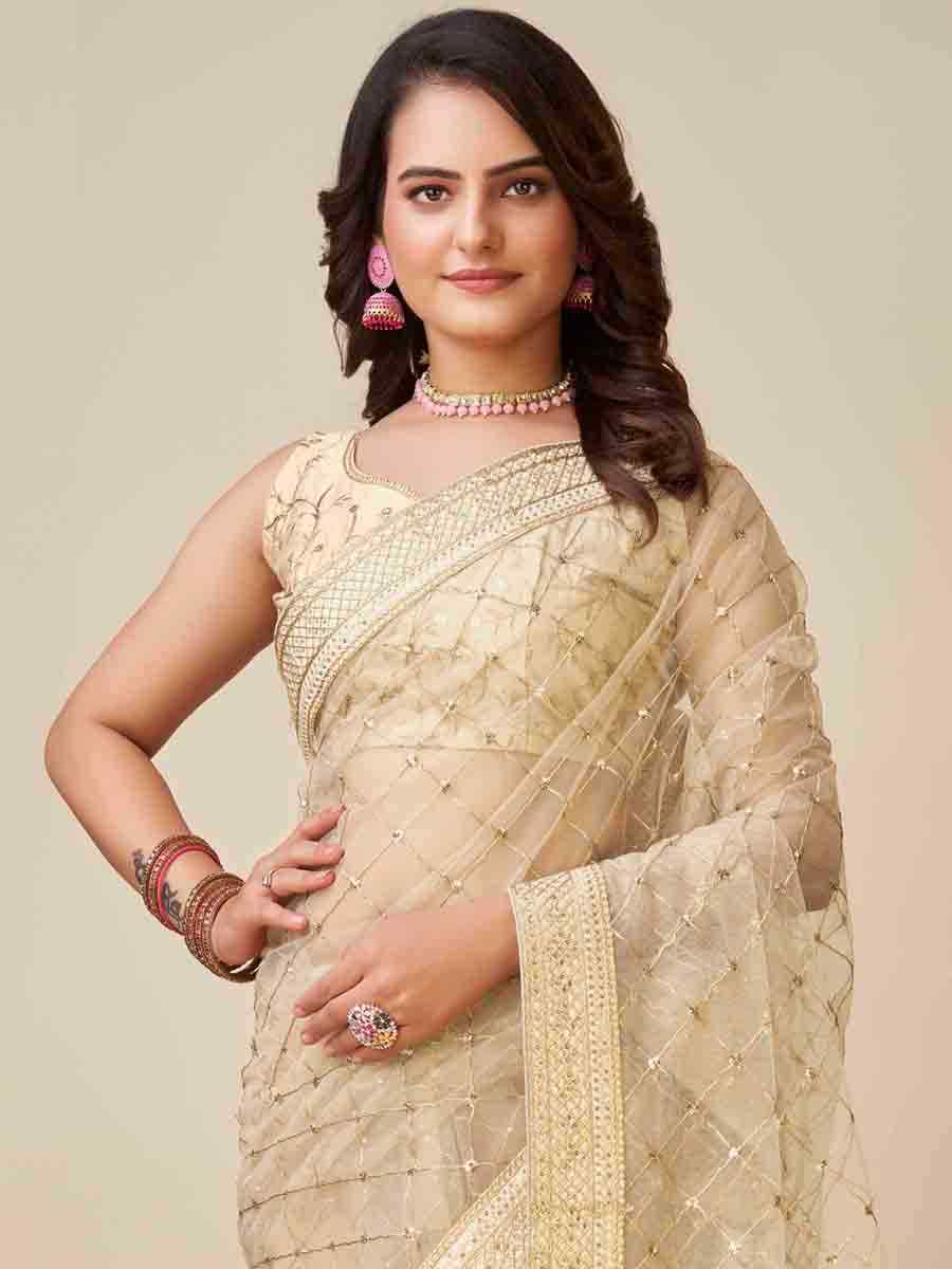 Beige Soft Net Embroidered Party Festival Classic Style Saree
