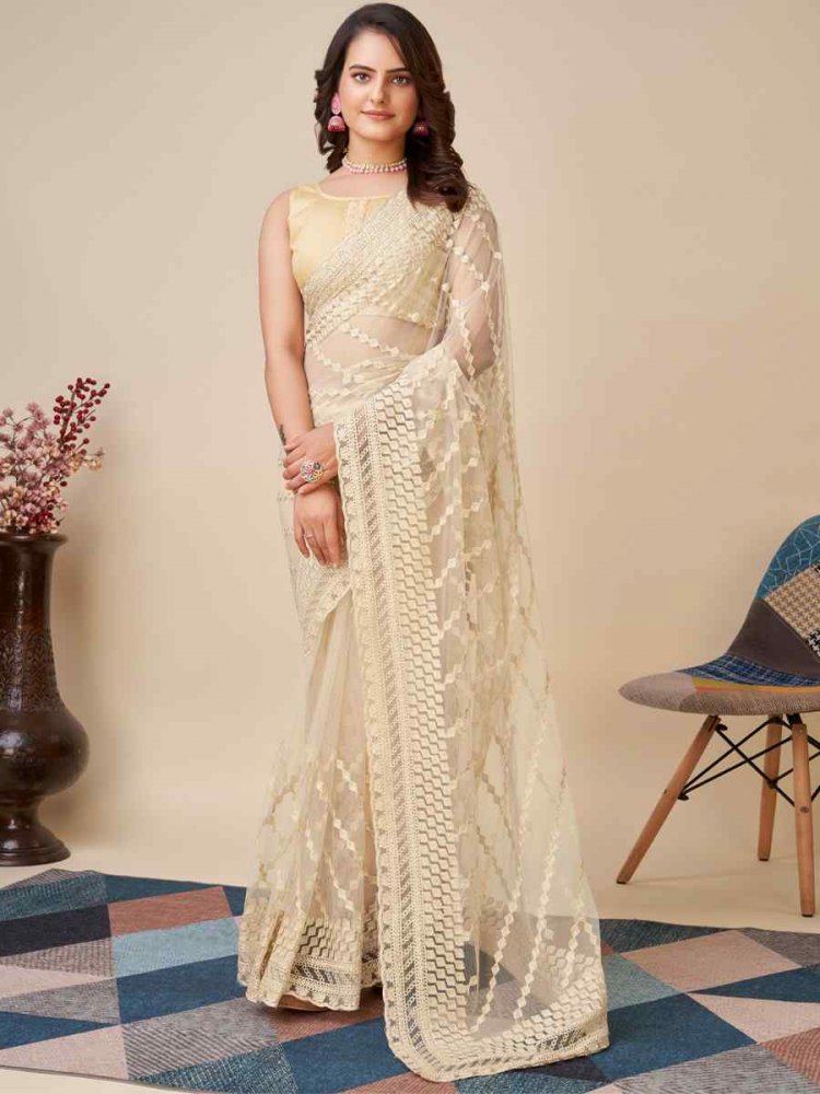 Beige Soft Net Embroidered Party Festival Heavy Border Saree