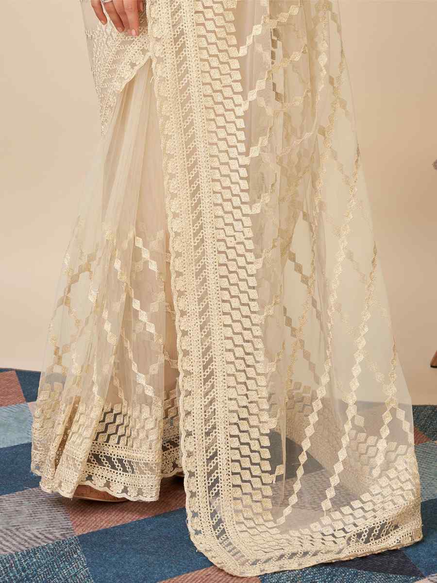 Beige Soft Net Embroidered Party Festival Heavy Border Saree