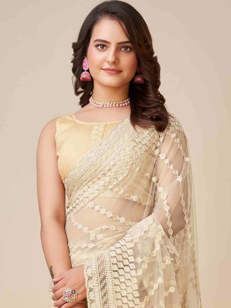 Beige Soft Net Embroidered Party Festival Heavy Border Saree