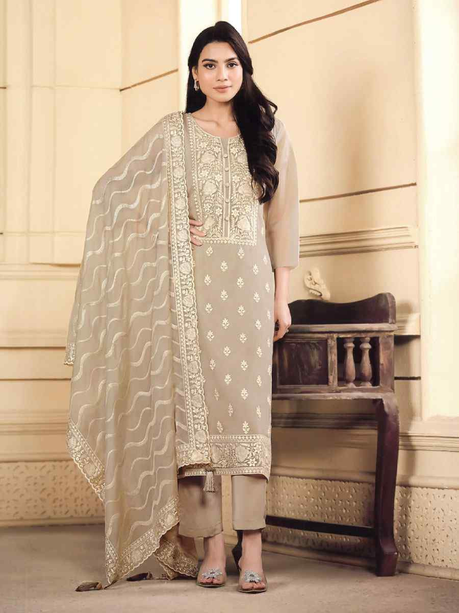 Beige Soft Organza Embroidered Festival Wedding Pant Salwar Kameez