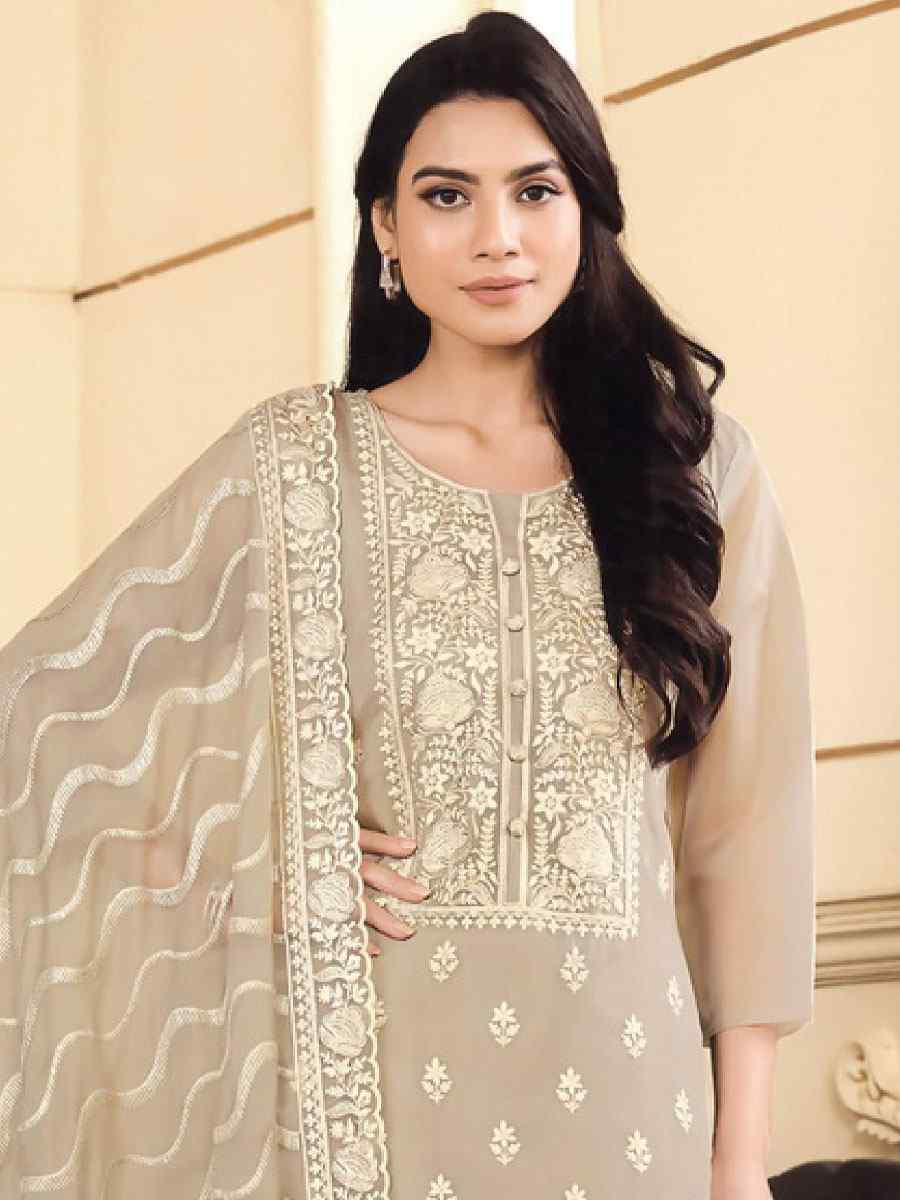 Beige Soft Organza Embroidered Festival Wedding Pant Salwar Kameez