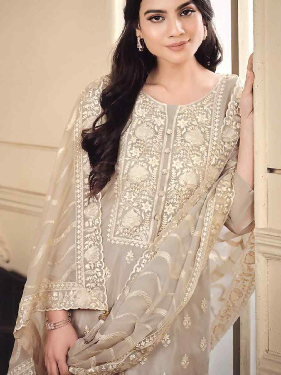 Beige Soft Organza Embroidered Festival Wedding Pant Salwar Kameez