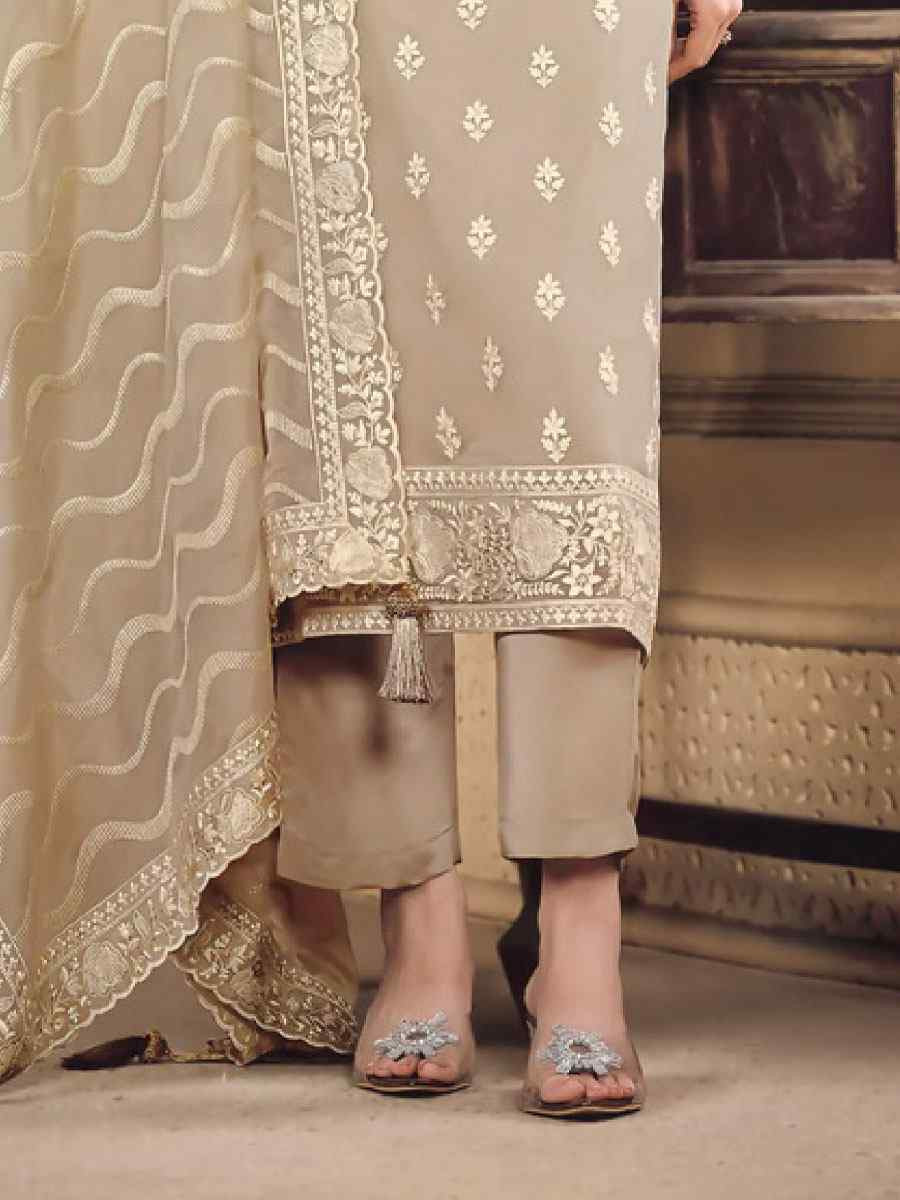 Beige Soft Organza Embroidered Festival Wedding Pant Salwar Kameez