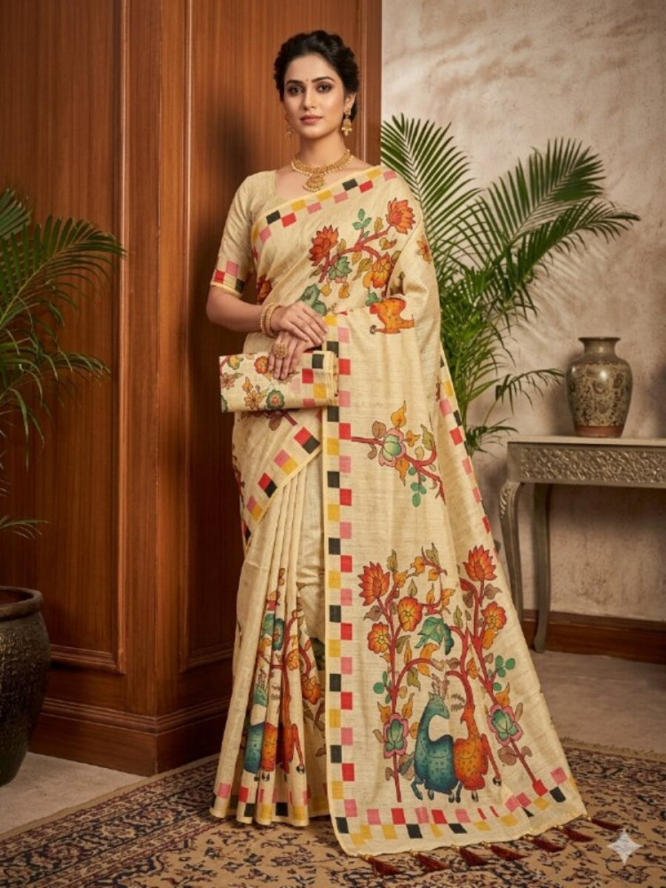 Image of Beige Soft Premium Handloom Silk Printed Wedding Reception Party Festival Classic Style Sarees