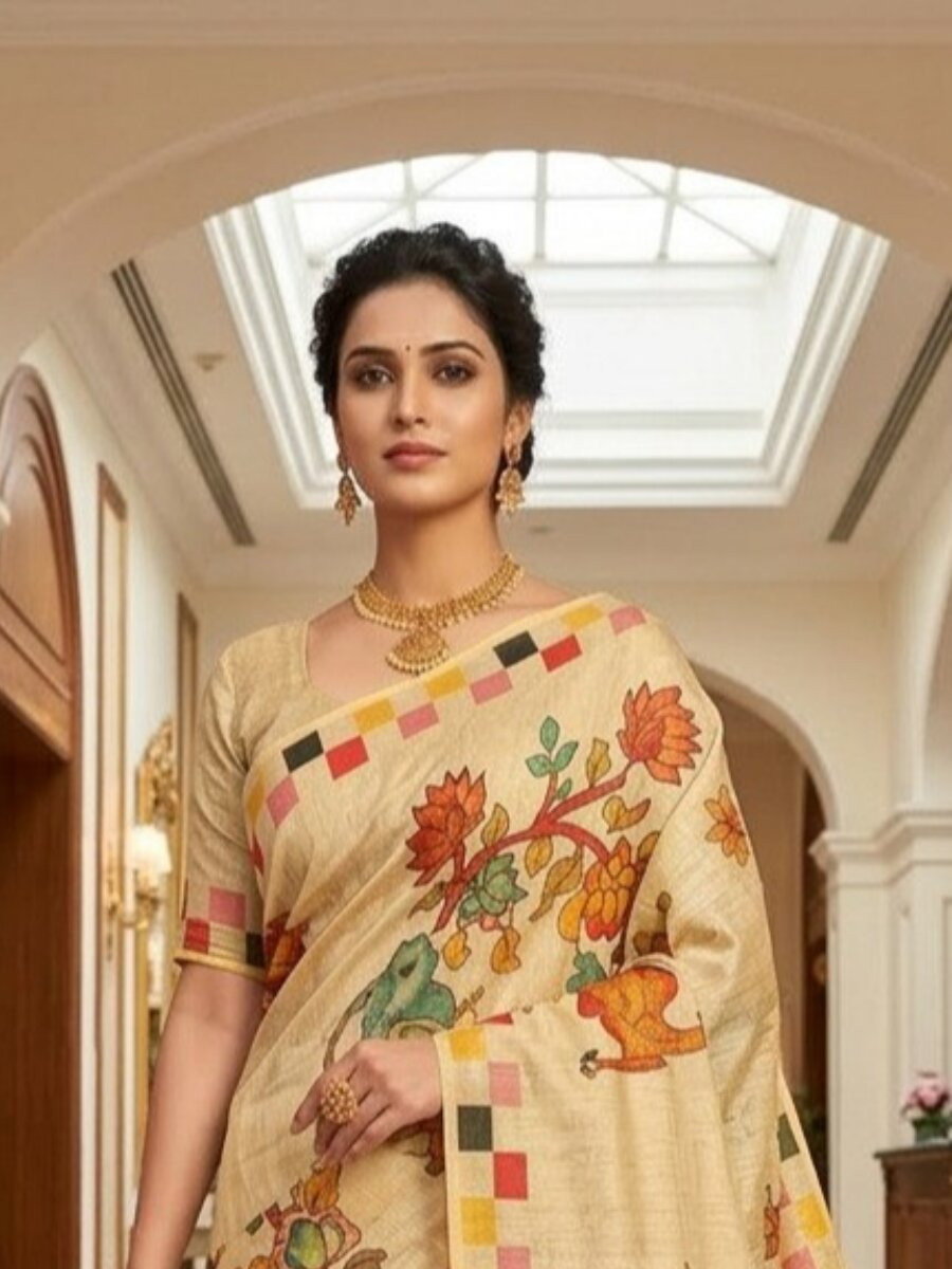 Beige Soft Premium Handloom Silk Printed Wedding Reception Party Festival Classic Style Sarees