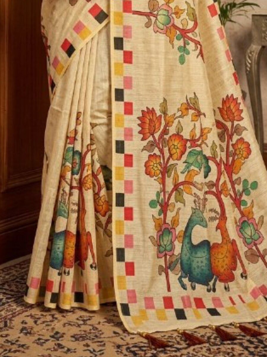 Beige Soft Premium Handloom Silk Printed Wedding Reception Party Festival Classic Style Sarees