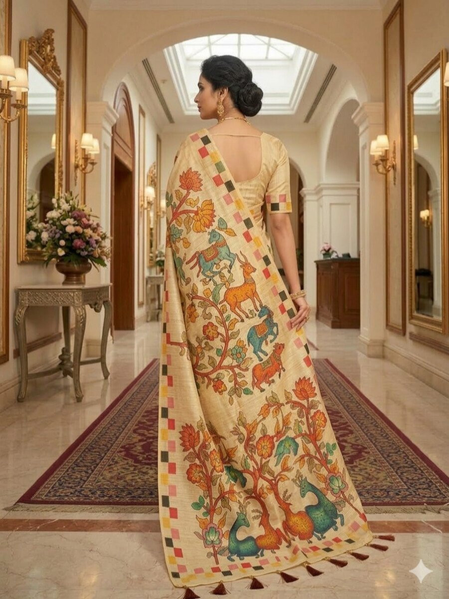 Beige Soft Premium Handloom Silk Printed Wedding Reception Party Festival Classic Style Sarees