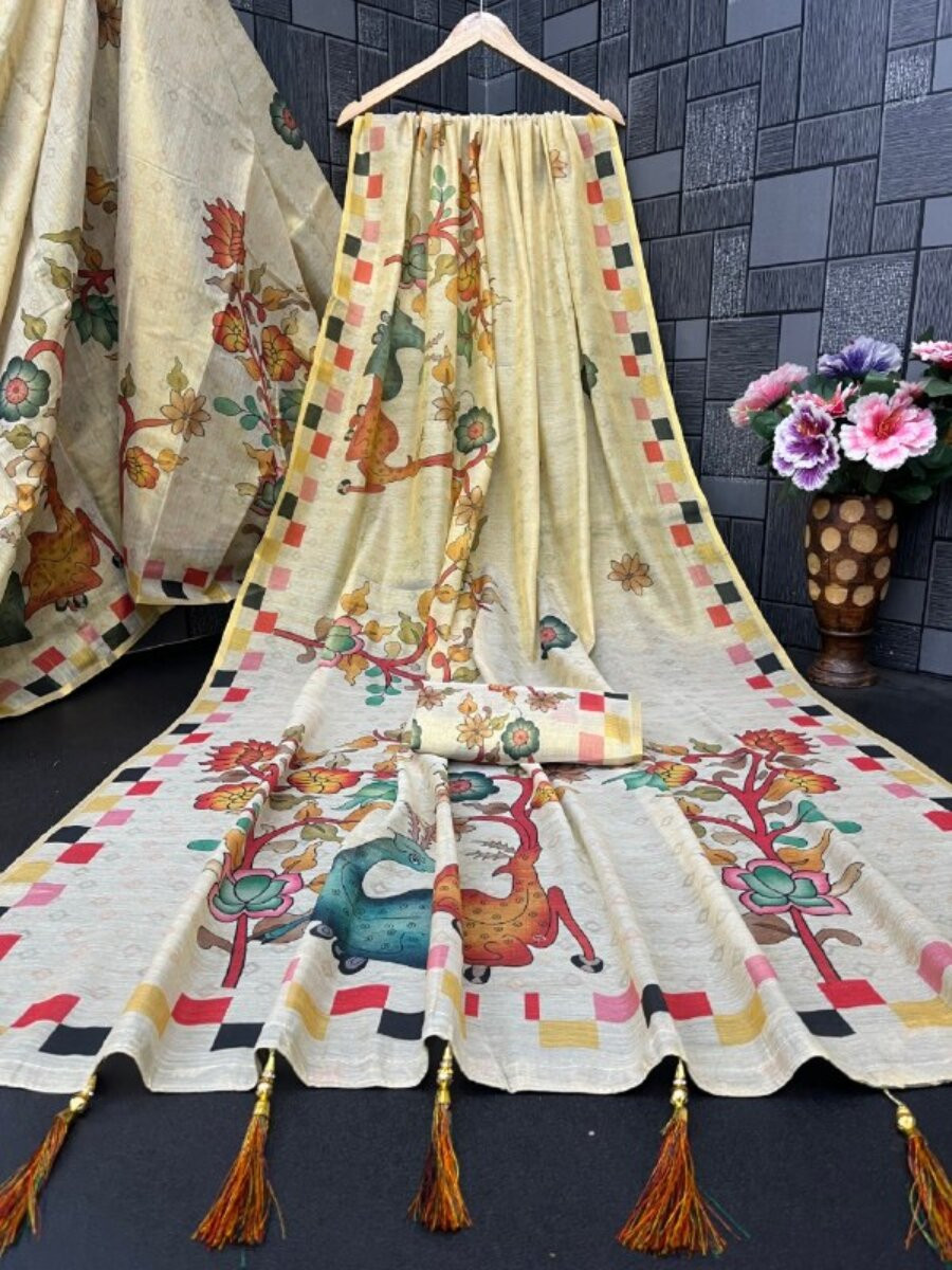 Beige Soft Premium Handloom Silk Printed Wedding Reception Party Festival Classic Style Sarees