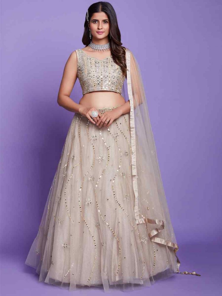 Beige Soft Silk Embroidered Reception Party Wear Ready Circular Lehenga Choli
