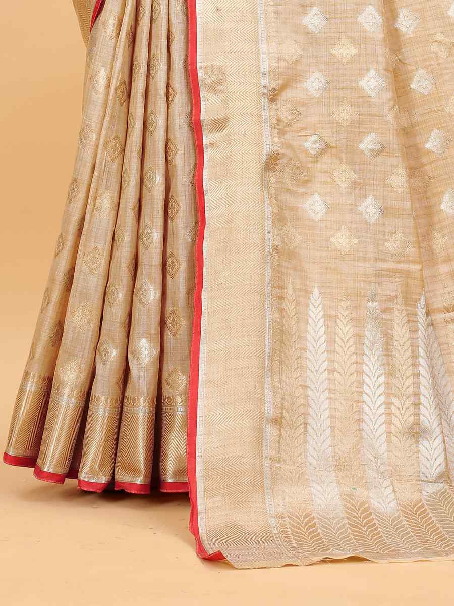 Beige Soft Silk Handwoven Wedding Festival Heavy Border Saree