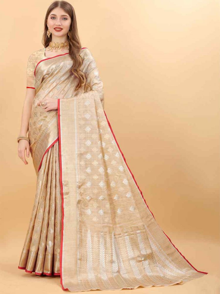 Beige Soft Silk Handwoven Wedding Festival Heavy Border Saree