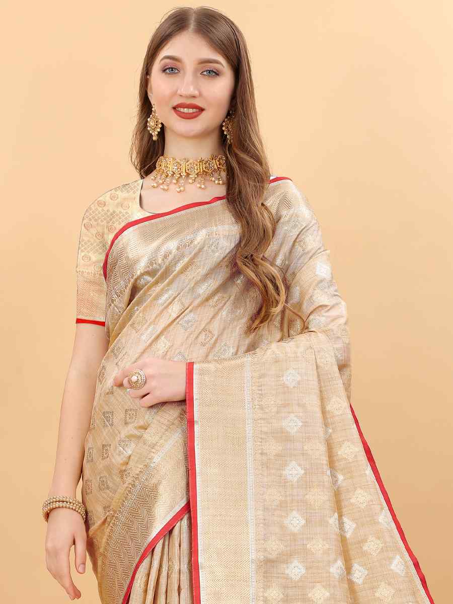 Beige Soft Silk Handwoven Wedding Festival Heavy Border Saree