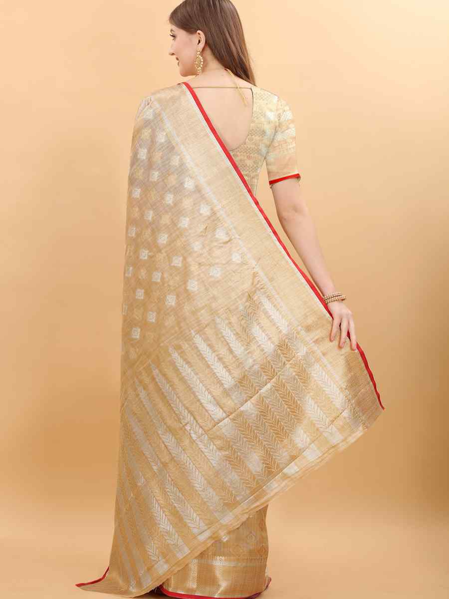 Beige Soft Silk Handwoven Wedding Festival Heavy Border Saree
