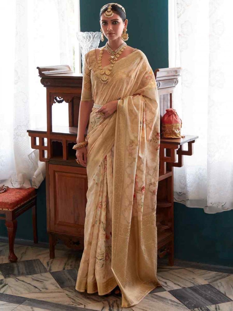 Beige Soft Silk Printed Casual Festival Contemporary Saree