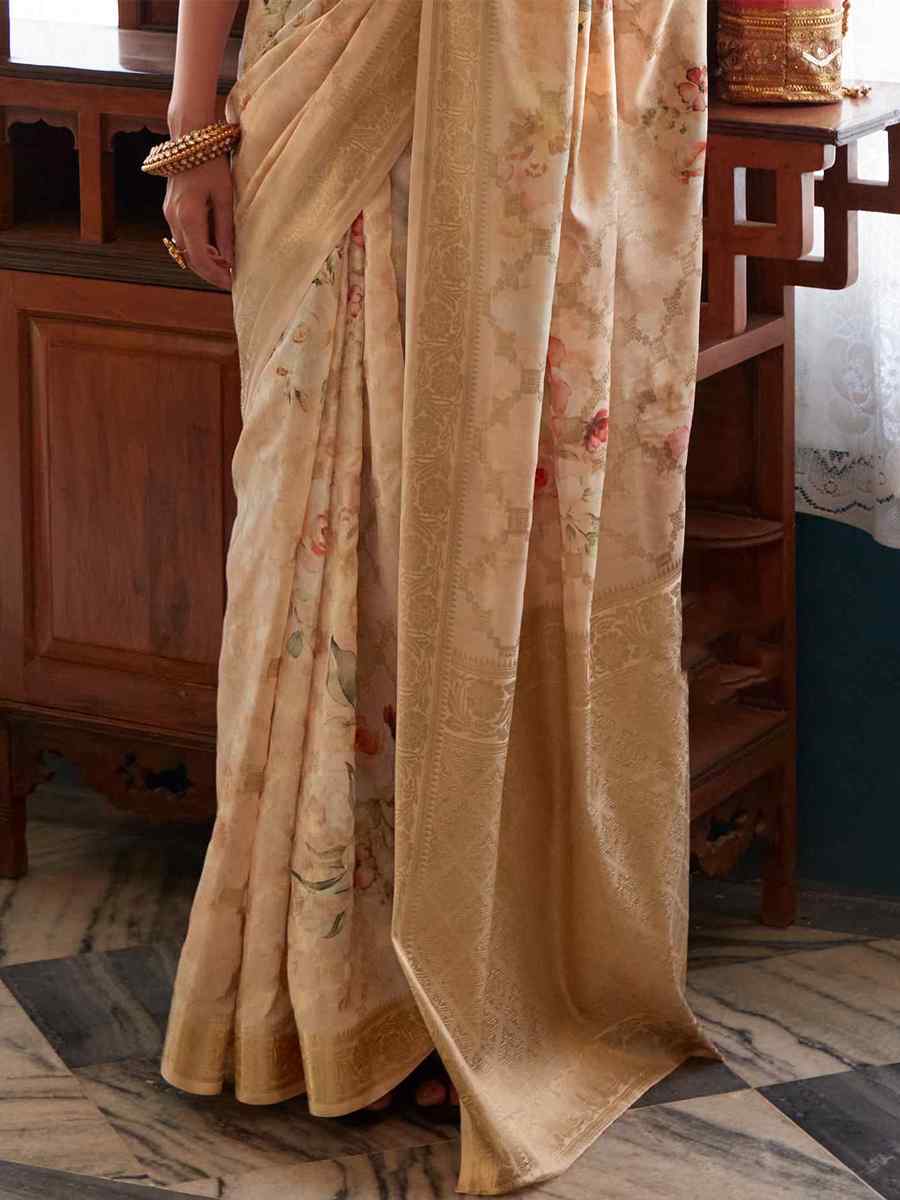Beige Soft Silk Printed Casual Festival Contemporary Saree