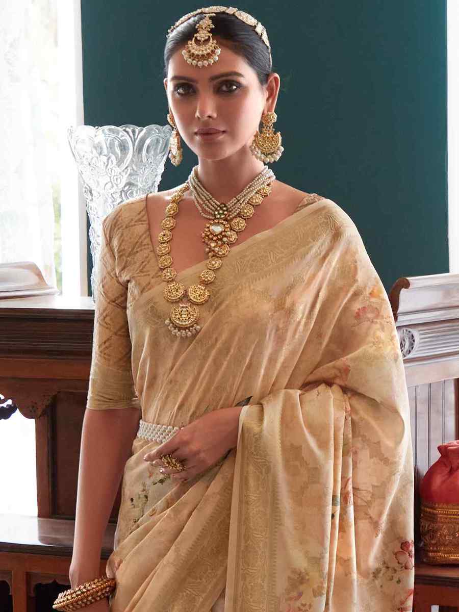 Beige Soft Silk Printed Casual Festival Contemporary Saree