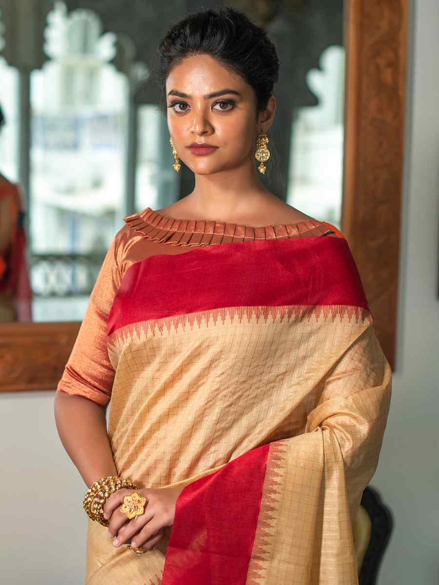 Beige South Silk Handwoven Party Festival Heavy Border Saree