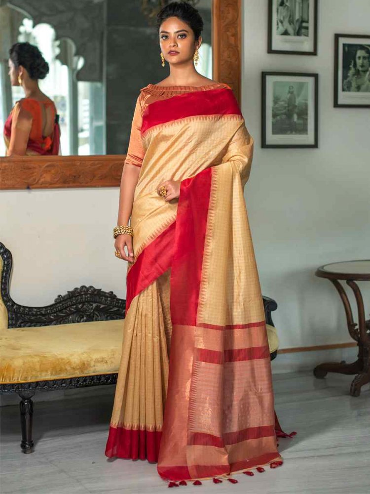 Beige South Silk Handwoven Party Festival Heavy Border Saree