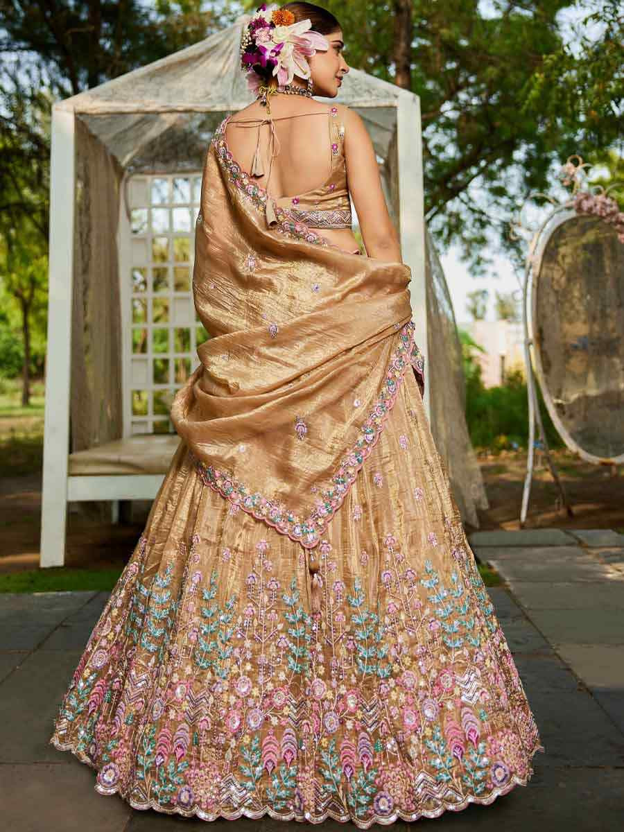 Beige Tissue Embroidered Reception Wedding Heavy Border Lehenga Choli