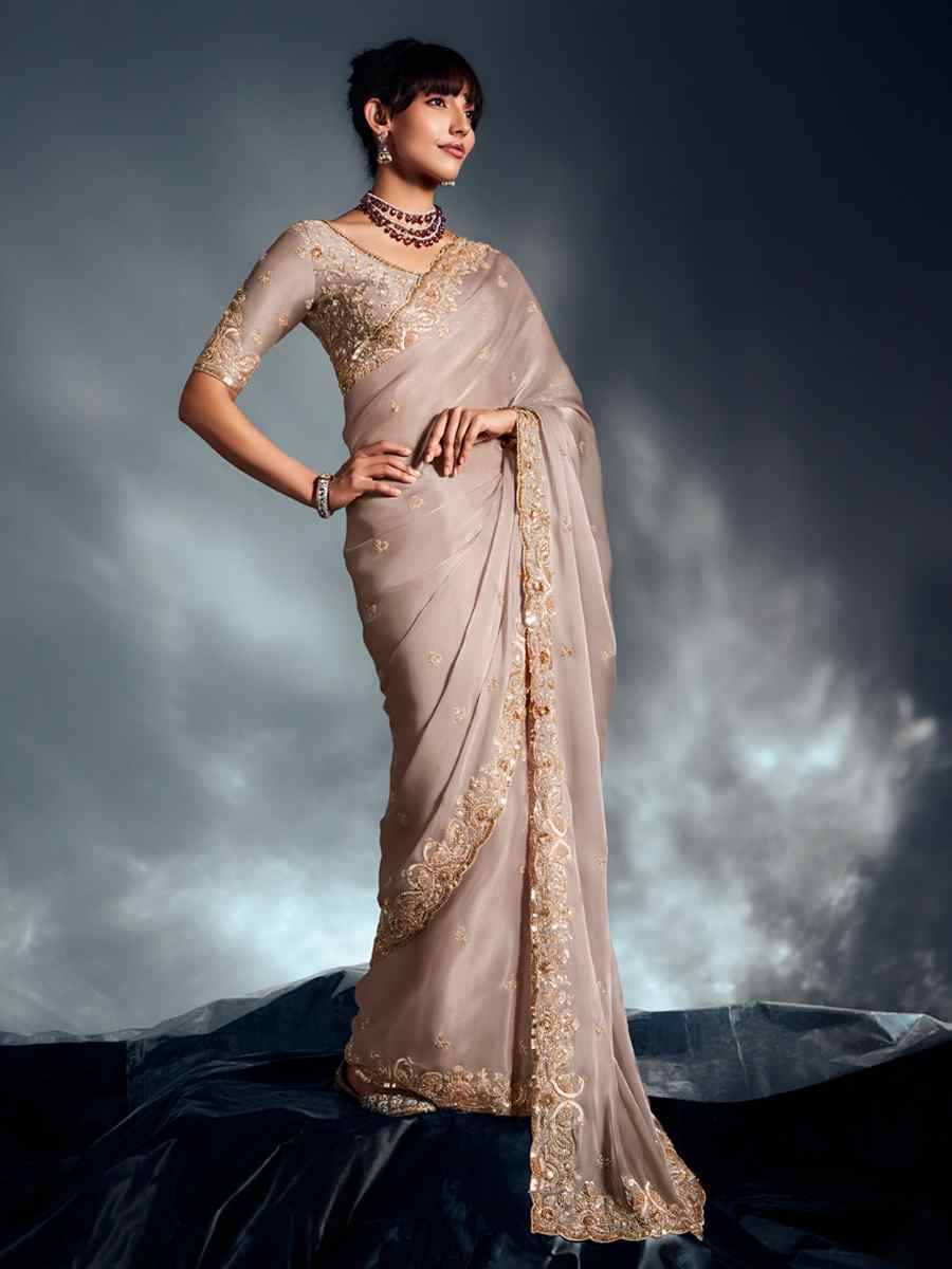 Beige Tissue Organza Silk Embroidery Bridal Cocktail Party Reception Wedding Wear Heavy Border Sarees